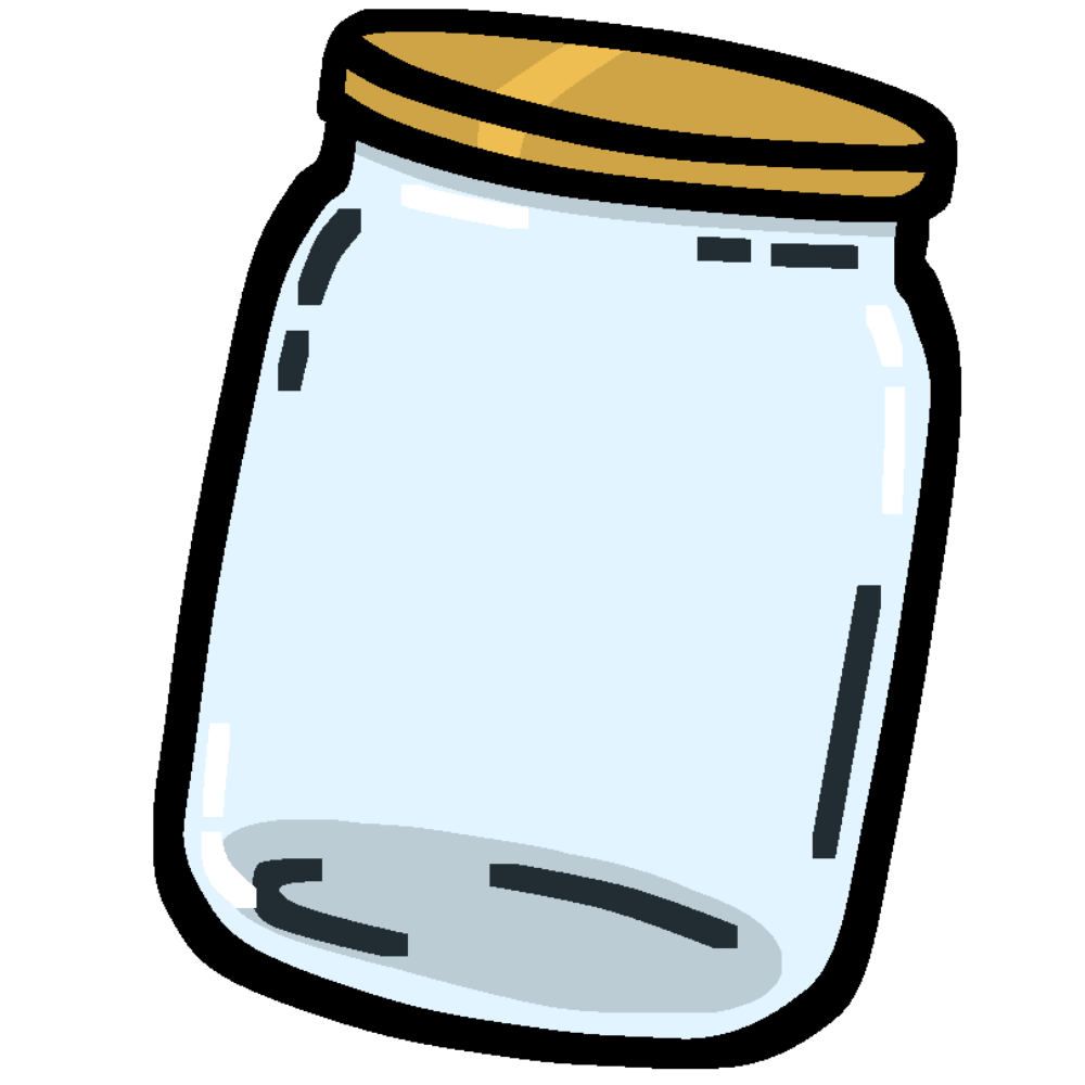 A glass jar with a gold toned mental lid.